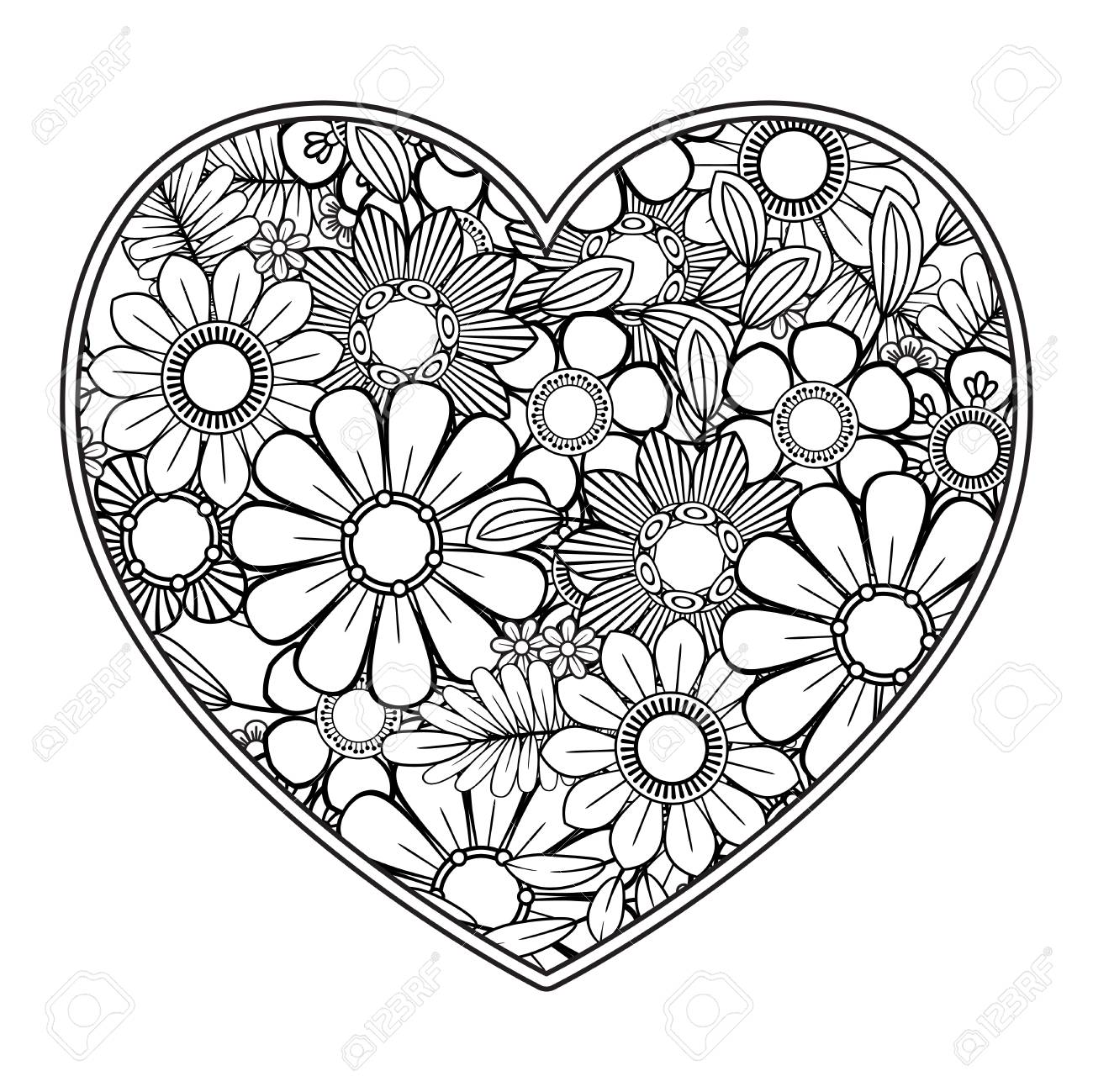 Heart with floral pattern valentines day adult coloring page vector illustration isolated on white background royalty free svg cliparts vectors and stock illustration image