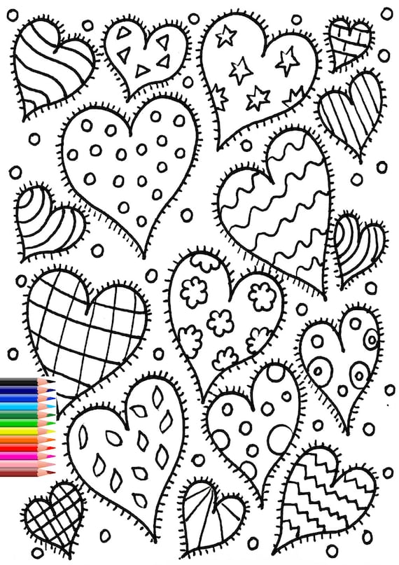 Happy hearts coloring page for adults kids love coloring page instant download