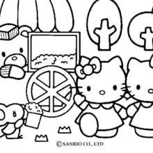 Hello kitty eating popcorns with friends coloring pages