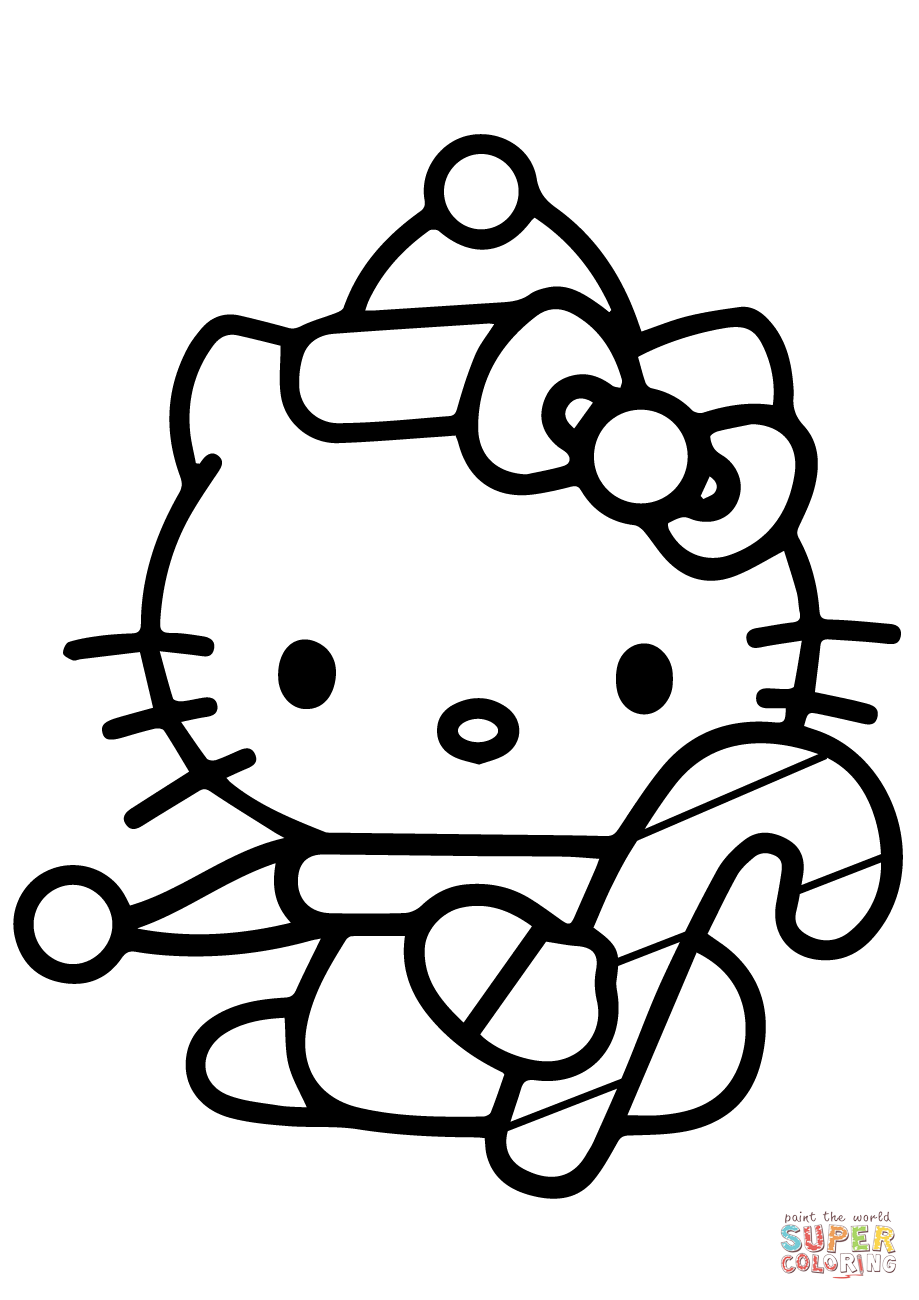 Hello kitty with christmas candy cane coloring page free printable coloring pages