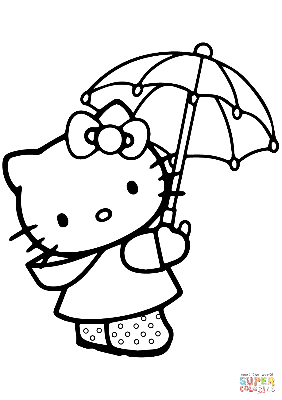 Lovely hello kitty under the umbrella coloring page free printable coloring pages