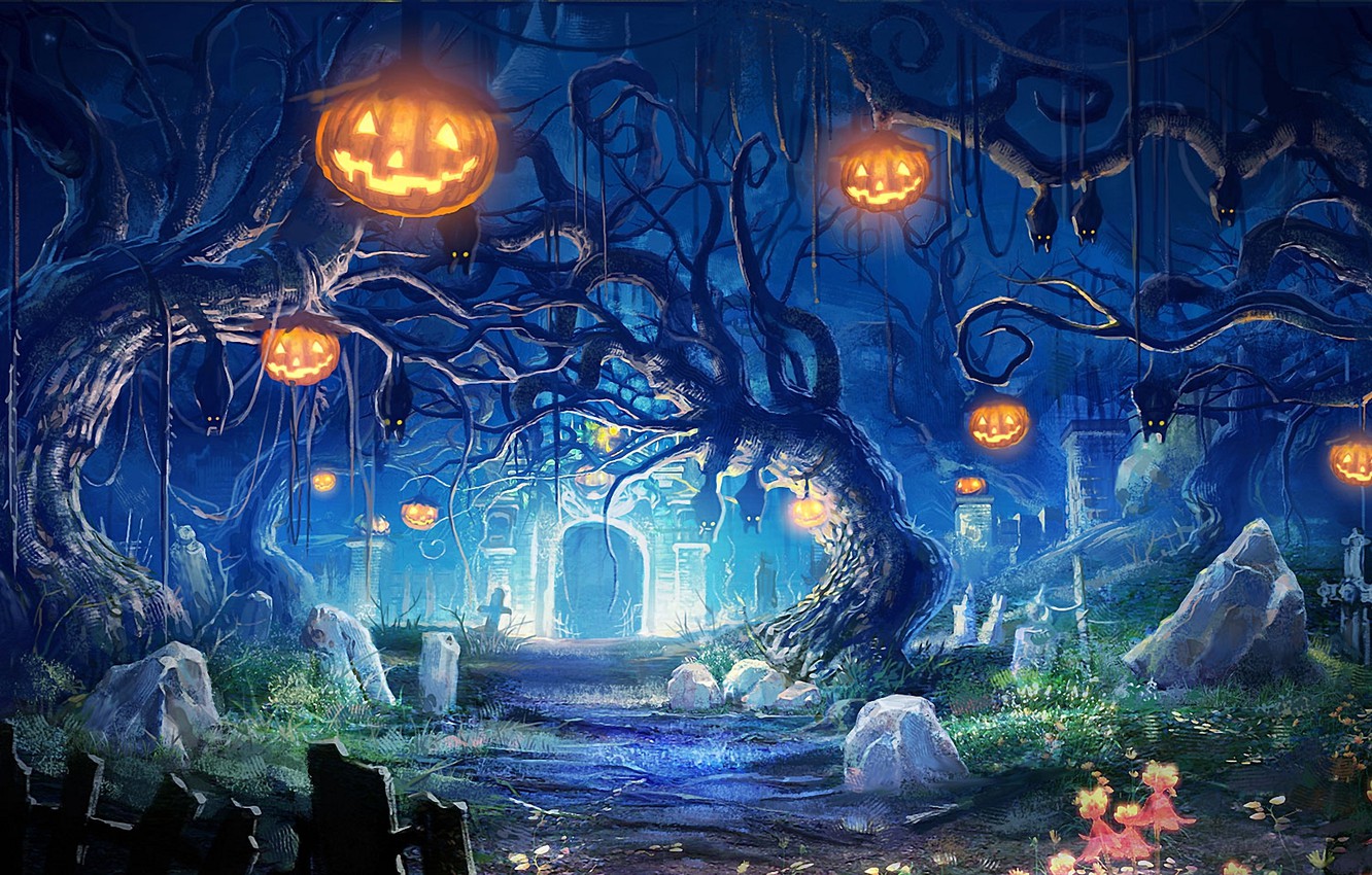 Wallpaper trees night lights stones graves art cemetery pumpkin bats the crypt helloween images for desktop section ðñðð