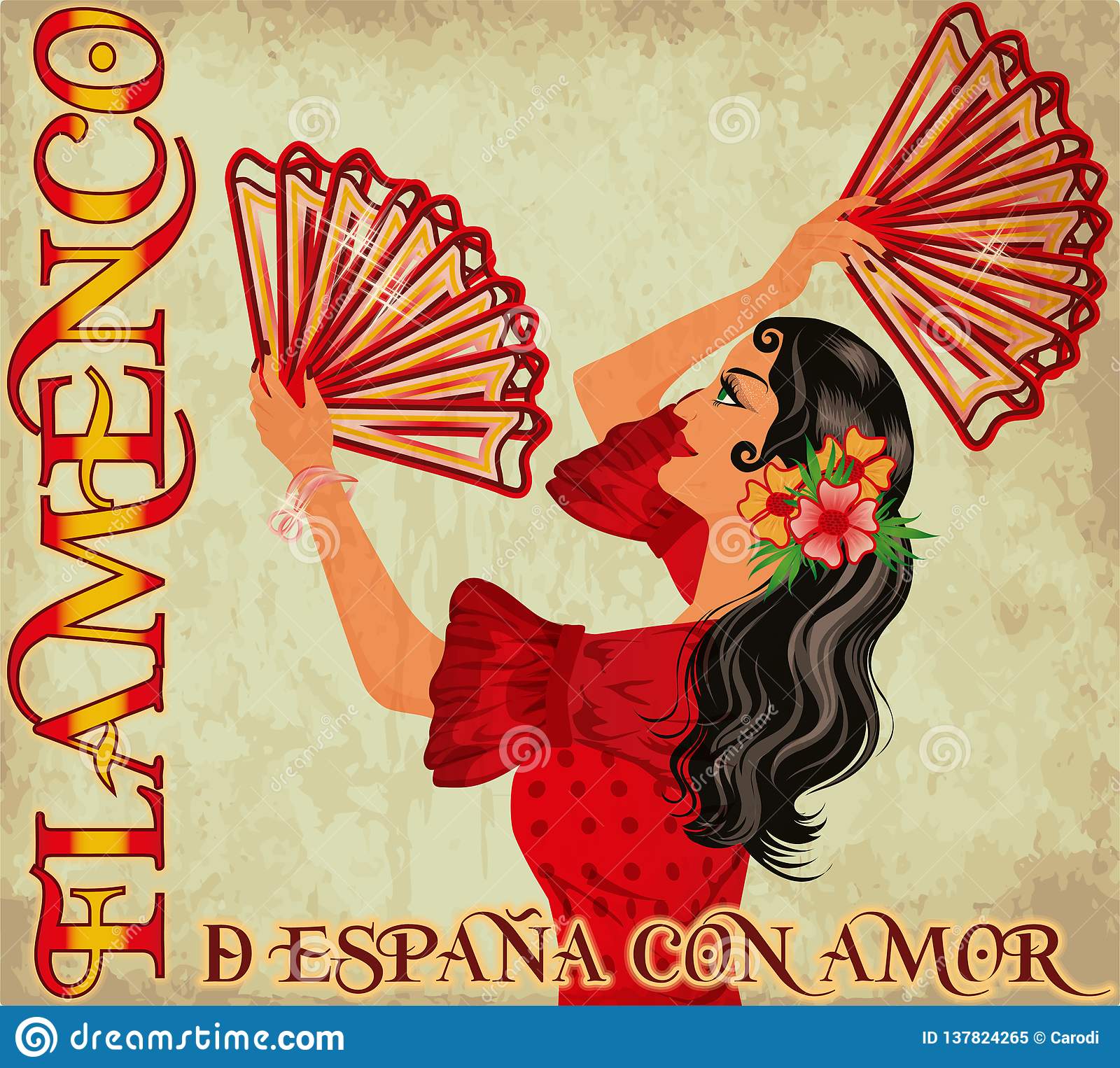 Flamenco spain love wallpaper with spanish girl and fans stock vector