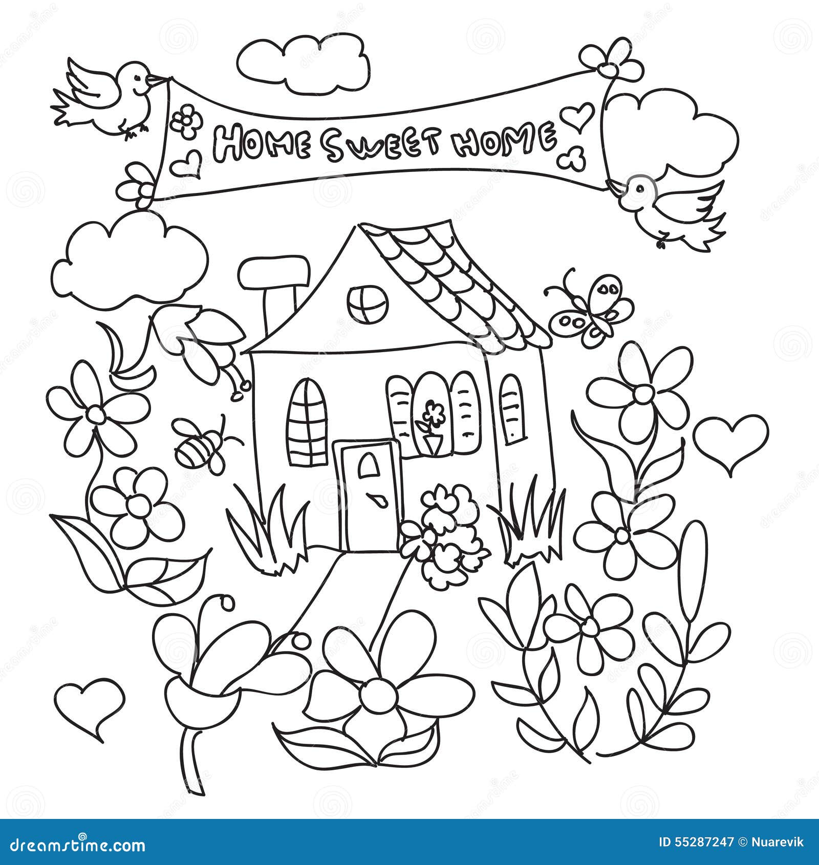 Sweet home doodles coloring page stock illustration