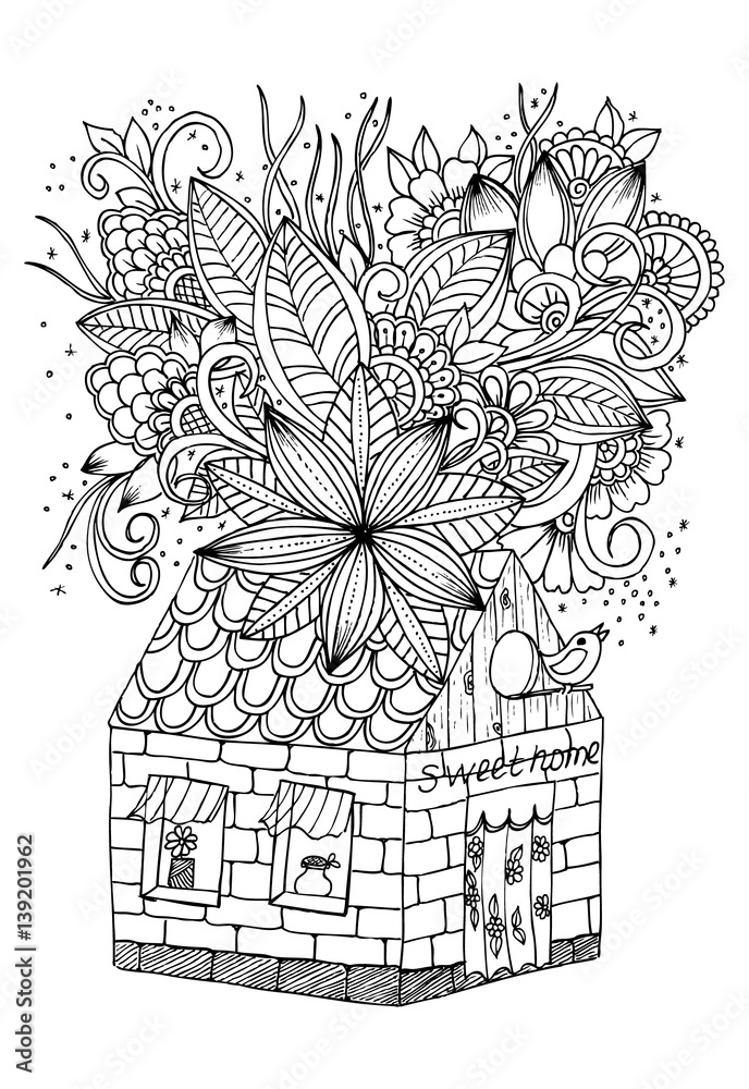 Far far away fantasy house sweet home and beautiful flowers page for coloring book vector