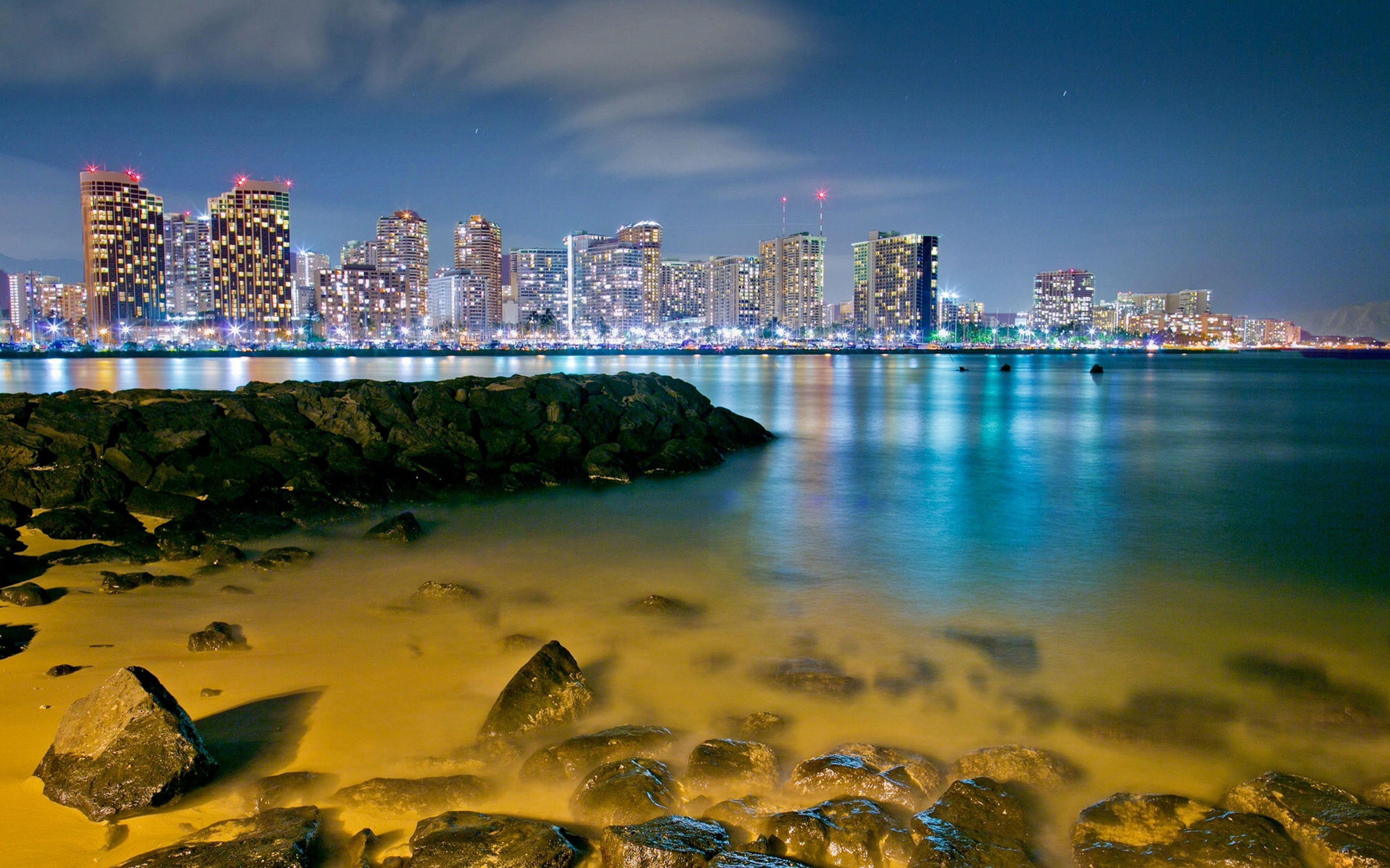 City honolulu hawaii evening night lighting sea beach stones desktop wallpaper hd x