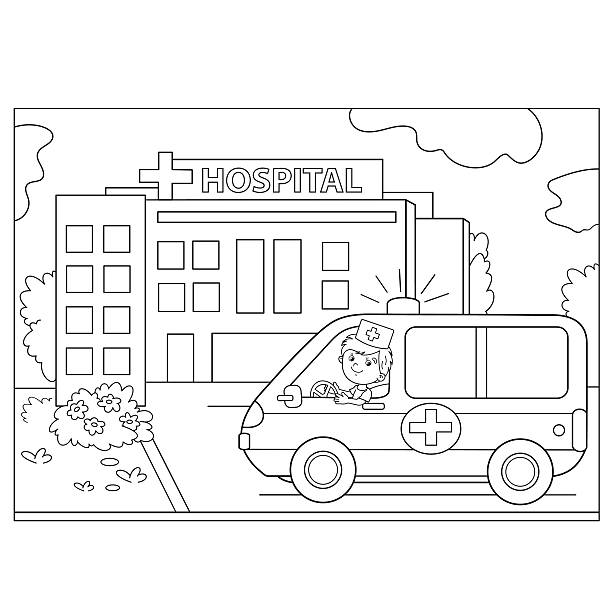 Coloring page outline of ambulance car near the hospital stock illustration