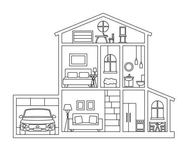 Dollhouse cottage house in cross section picture for coloring book stock illustration