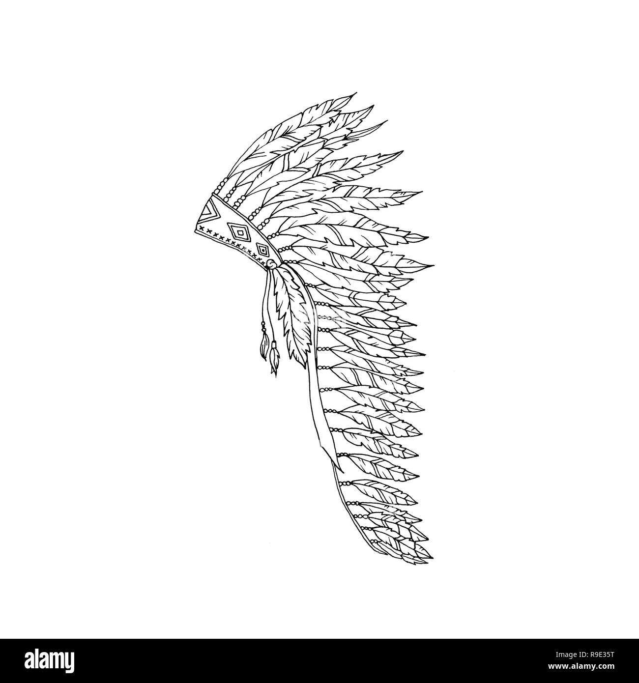 American warbonnet outline drawing eagle feather hat coloring page fashion accessory native indian headdress thanksgiving and halloween raster cost stock photo