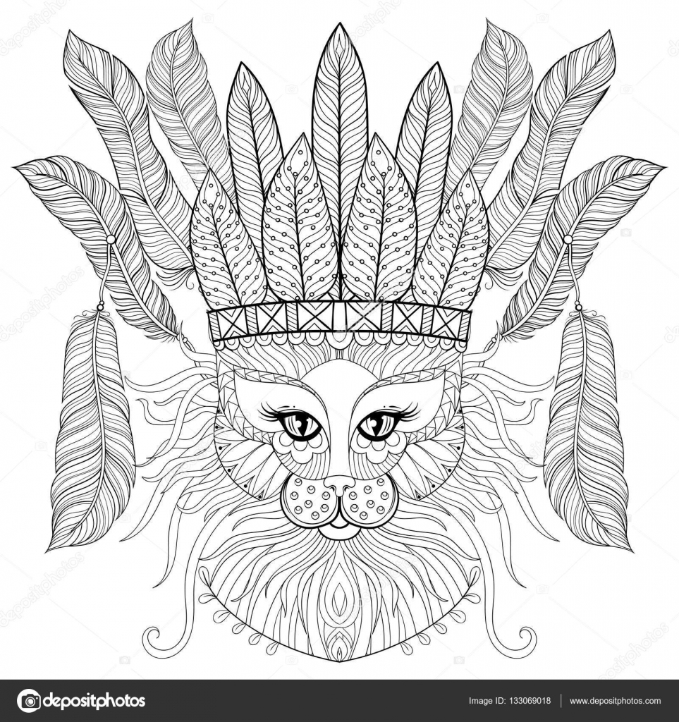 Zentangle cat with indian war bonnet bird feathers for adult antistress coloring pages books art therapy ornament artistic vector illustration for tattoo t