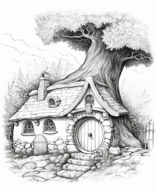 Premium ai image minimalist monochrome an adult coloring book for hobbit house enthusiasts with beautiful nature sce