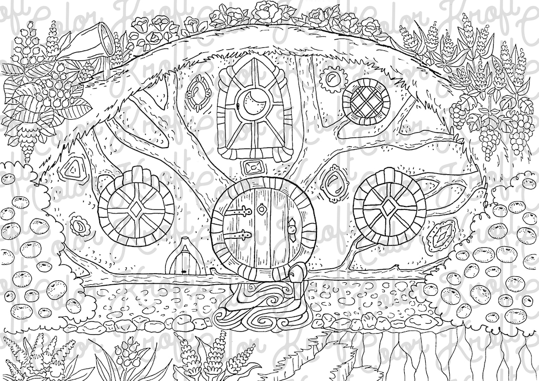 Hobbit hole coloring page printable coloring page digital download instant download