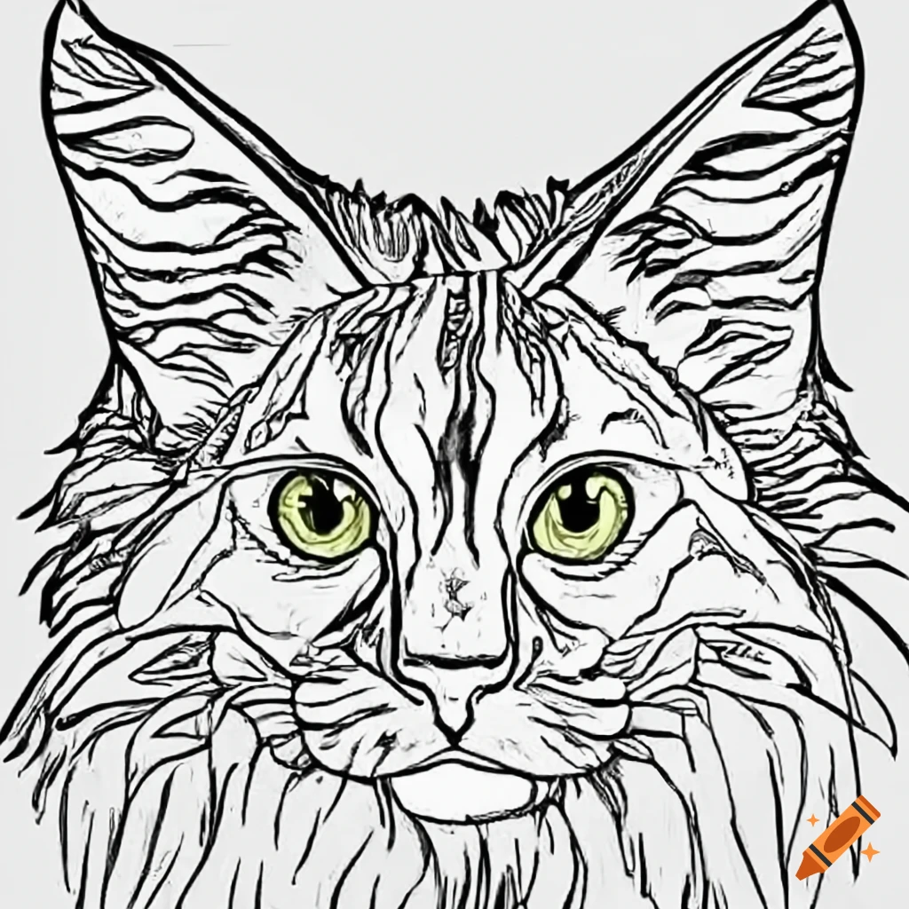 Coloring book page of a maine coon on