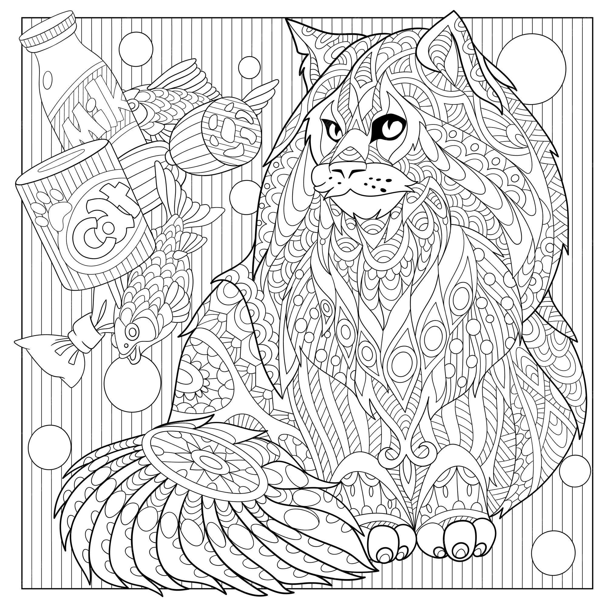 Premium vector maine coon cat zentangle colouring illustration line art design for adult coloring book page