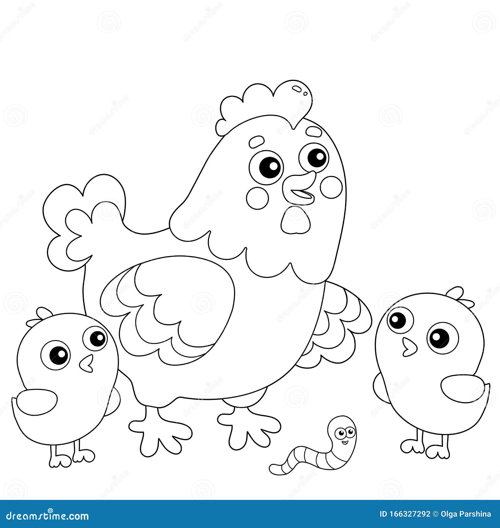 Coloring page outline of cartoon chicken or hen with chicks farm animals stock vector