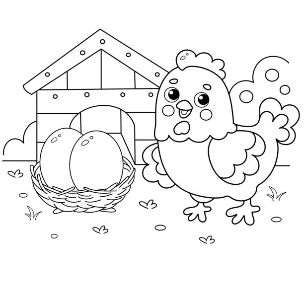 Coloring page outline of cartoon chicken with nest with eggs farm coloring book for kids stock illustration