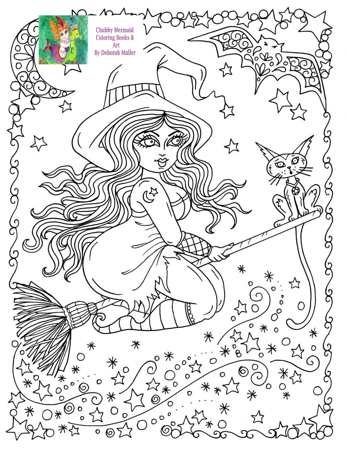 Instant download chubby flying witch halloween coloring page adult color spooky cutedigitaldigi stampdigifallcat instant download