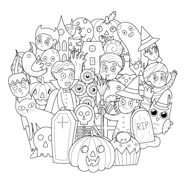 Premium vector doodle halloween characters coloring page spooky circle shape print halloween black and white