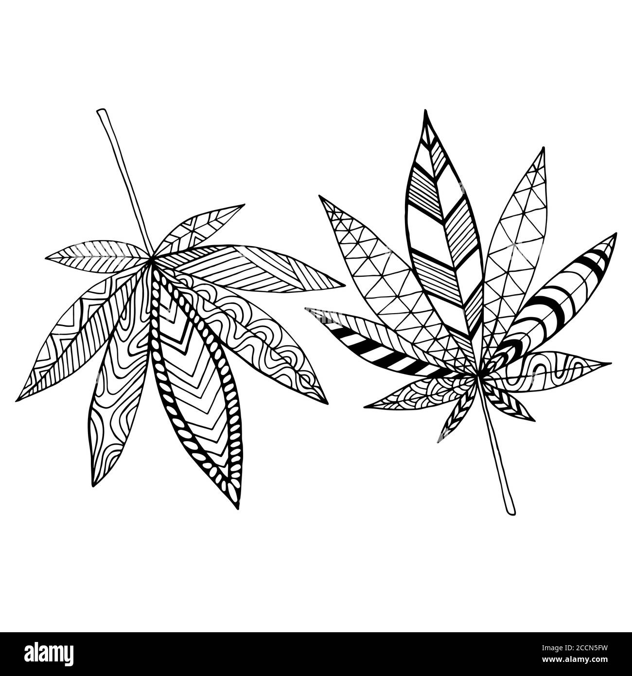 Black and white abstract doodle style psychedelic leaves marijuana coloring page isolated on white background stock vector image art