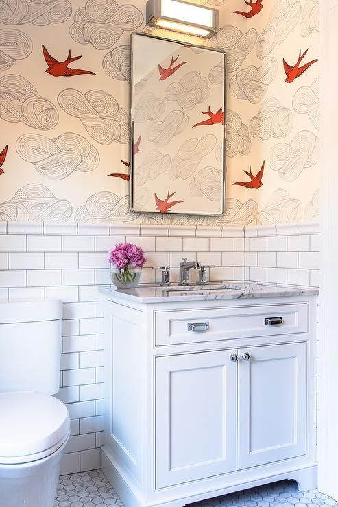 Hygge west daydream wallpaper covers the upper wall of a bathroom fitted with white linear tilâ daydream wallpaper bathroom wallpaper tiles bathroom wallpaper