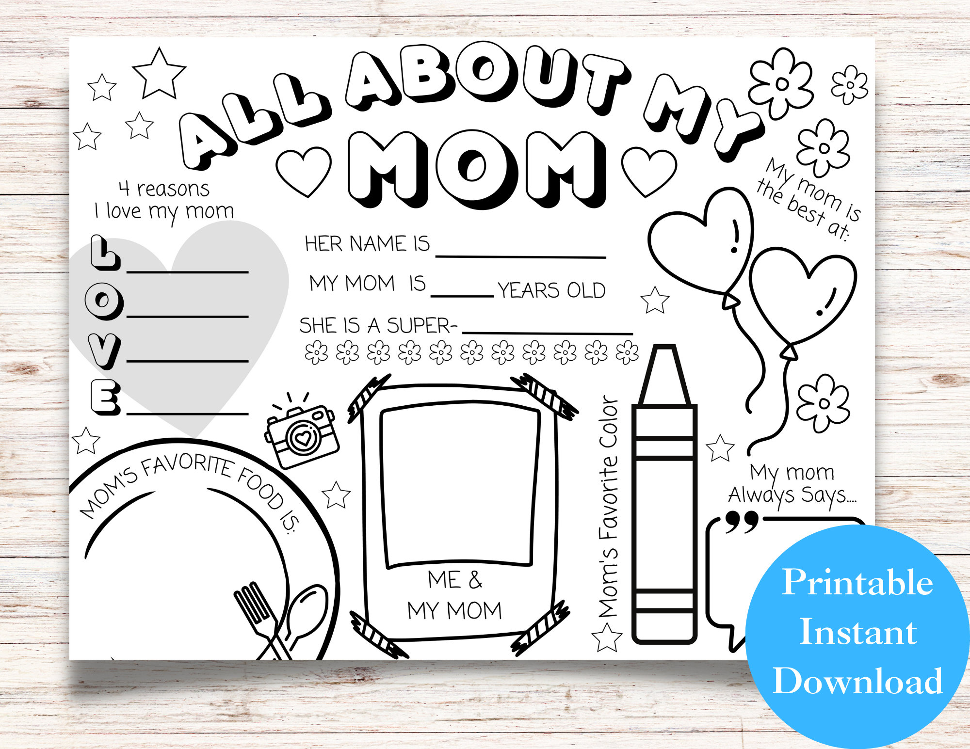 All about my mom printable mothers day craft mothers day coloring page gift for mom from kids kids gift for grandma grandmother nana