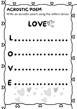 Valentines day acrostic poem template love include color and blackwhite