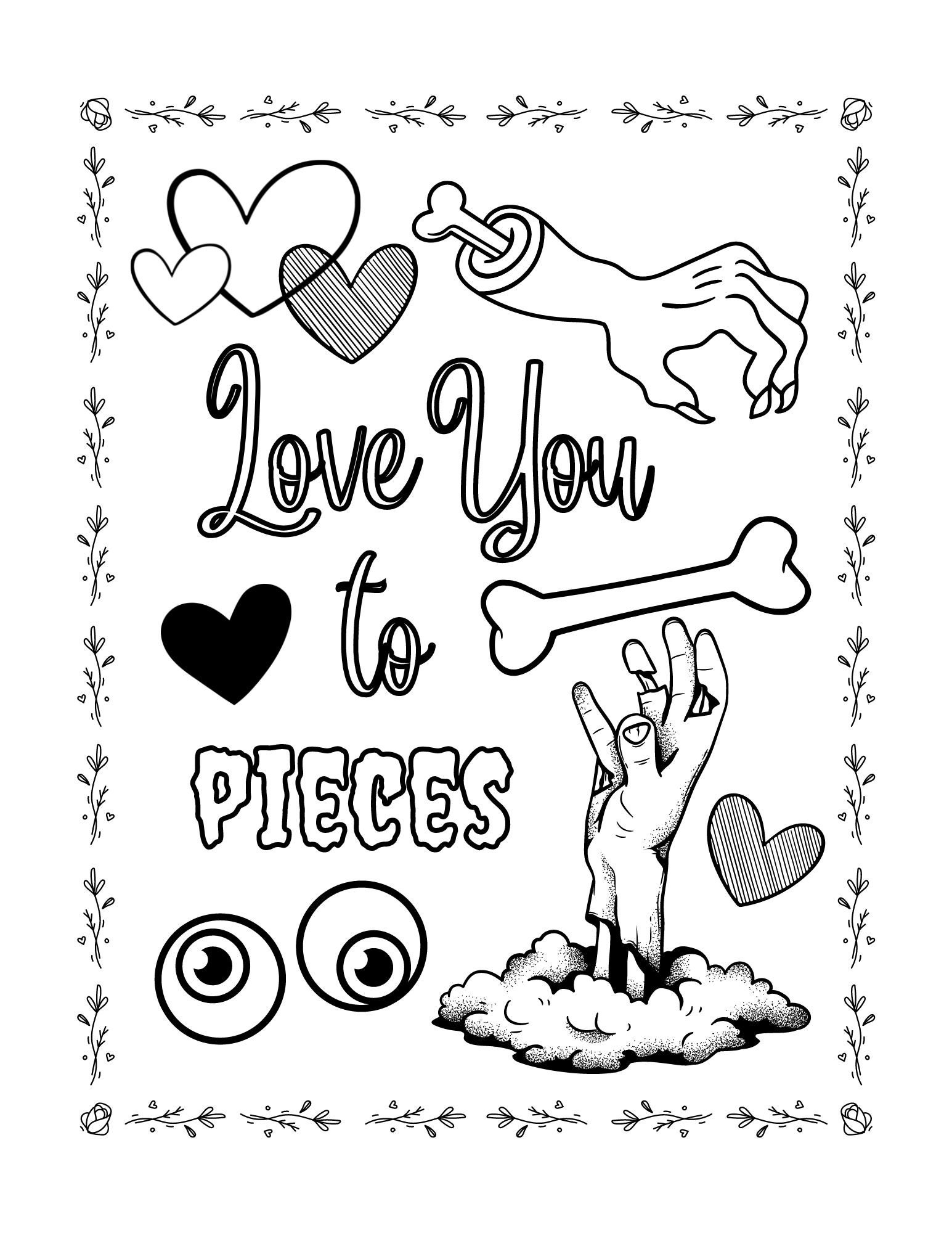 Love you to pieces valentines pun spooky theme coloring page download now