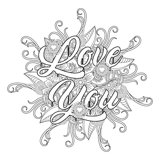 Premium vector best love word flower mandala coloring page