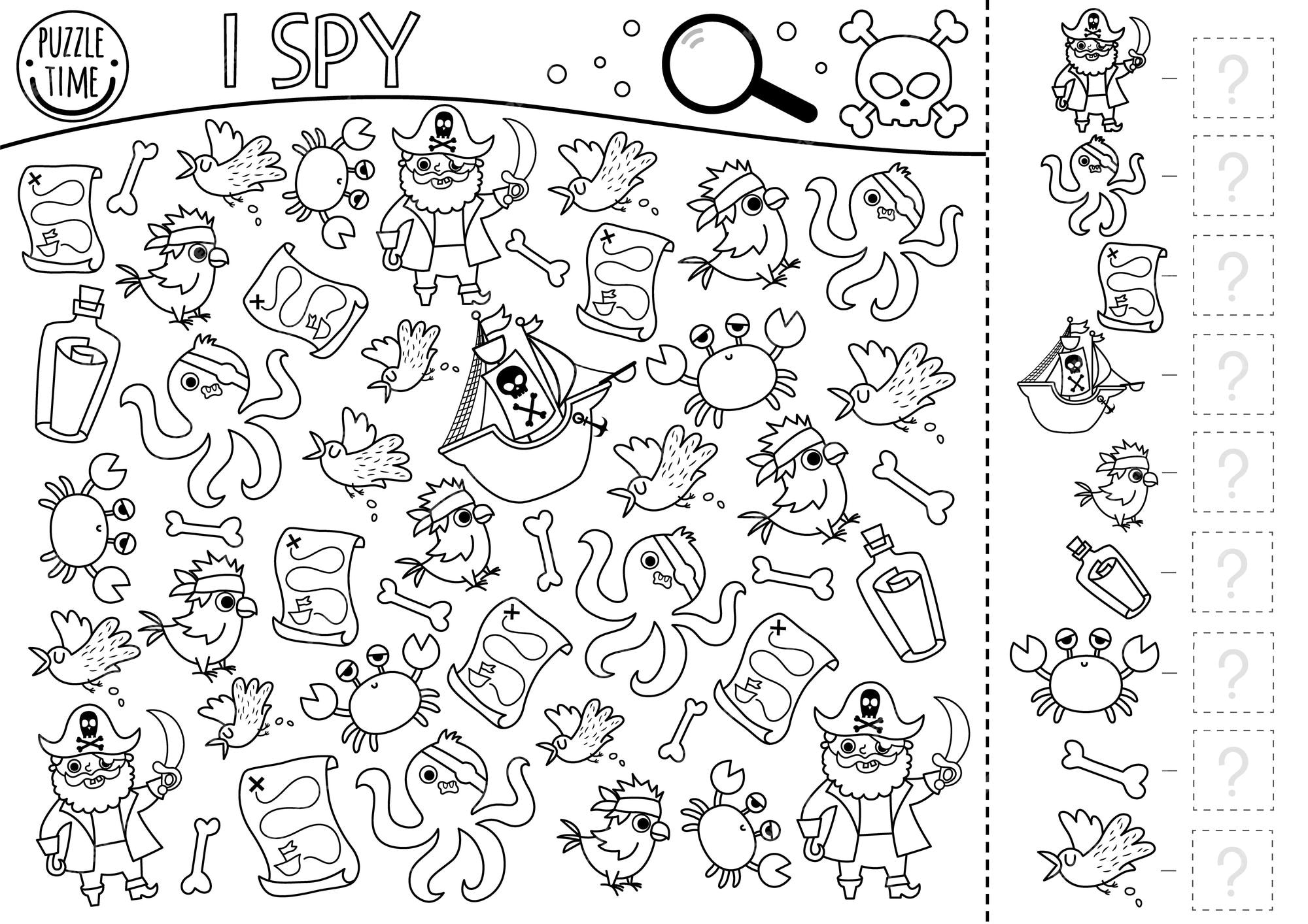 Premium vector pirate black and white i spy game for kids searching and counting activity with pirates animals birds treasure island hunt printable coloring page simple sea adventure spotting worksheetxa