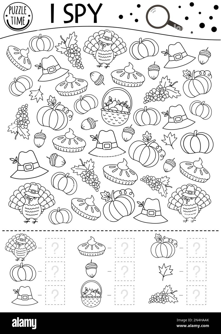 Thanksgiving black and white i spy game for kids searching and counting activity or coloring page with turkey pumpkin funny autumn printable worksh stock vector image art