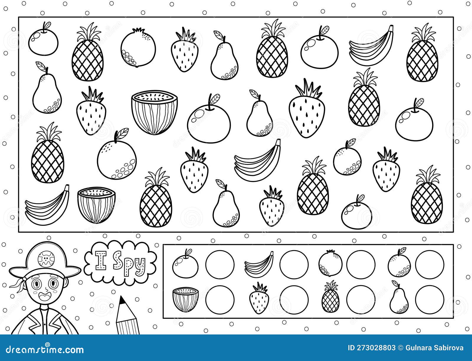 I spy game coloring page for kids find and count fruits stock vector