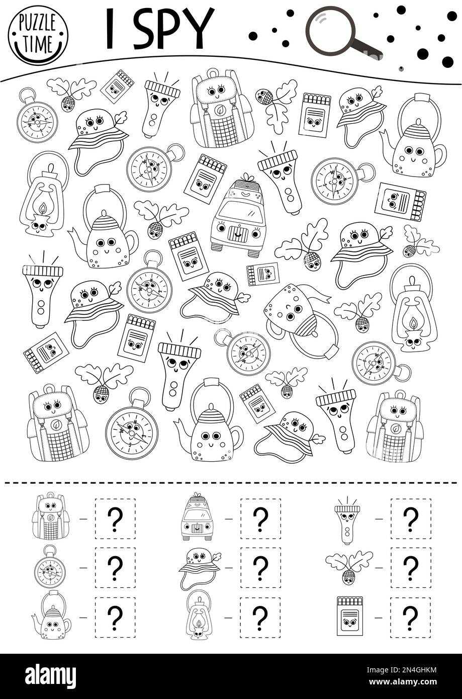 Camping i spy black and white game for kids searching and counting outline activity or coloring page with summer camp equipment funny printable work stock vector image art