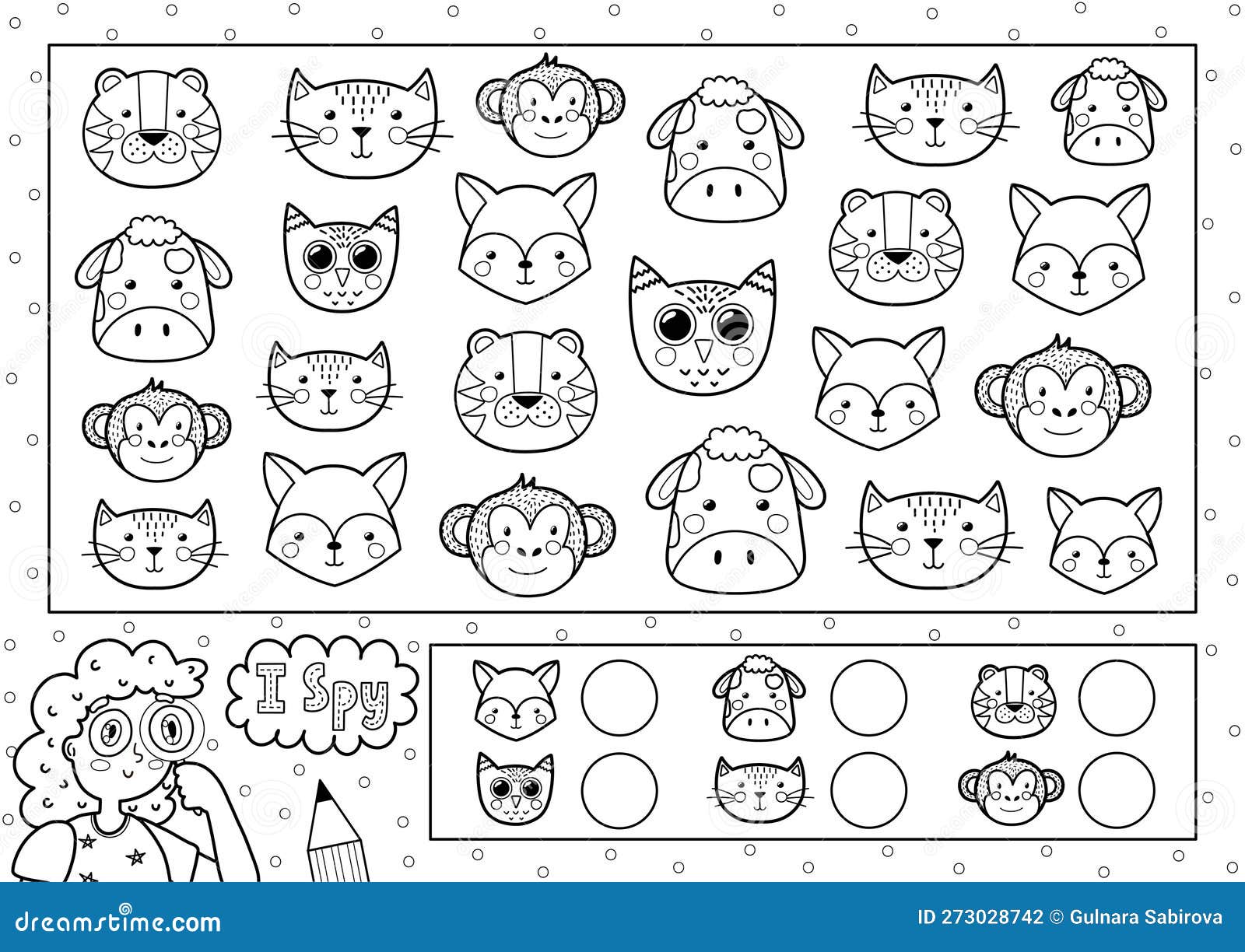 I spy game coloring page for kids find and count cute animals stock vector