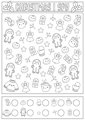 Premium vector christmas black and white i spy game for kids searching and counting line activity with cute kawaii holiday symbols winter printable worksheet coloring page new year puzzle with gingerbread