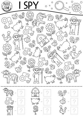 On the farm black and white i spy game for kids searching and counting line activity with farmer tractor barn cow rural village printable coloring page simple country farm puzzle stock illustration