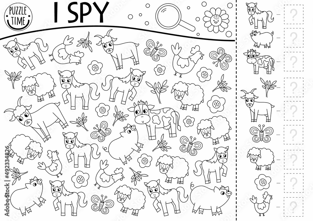 Farm animals black and white i spy game for kids searching and counting line activity with
