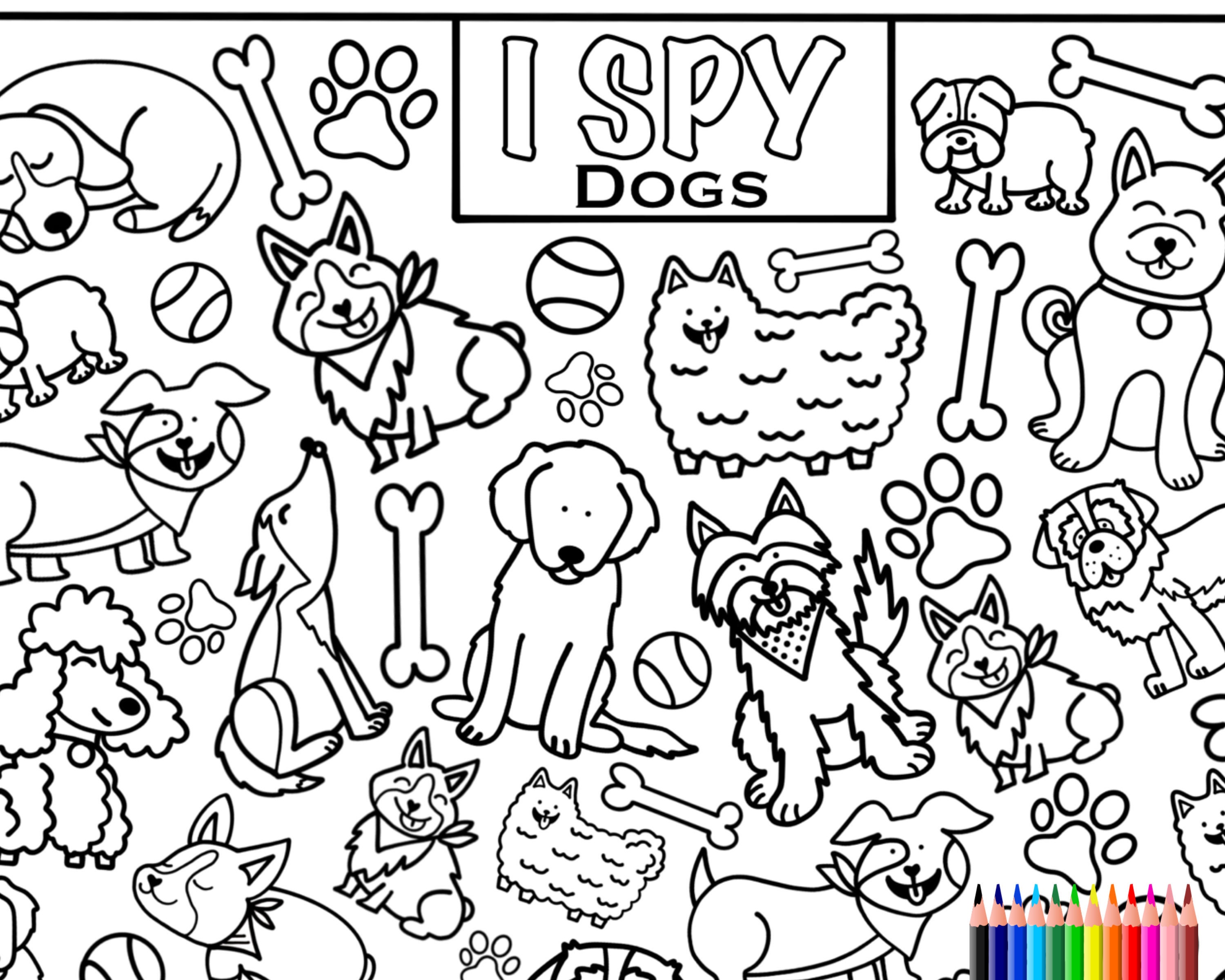 I spy dogs coloring page printout download colouring search and count activity for kids cute dog doodles cartoons different dog breeds