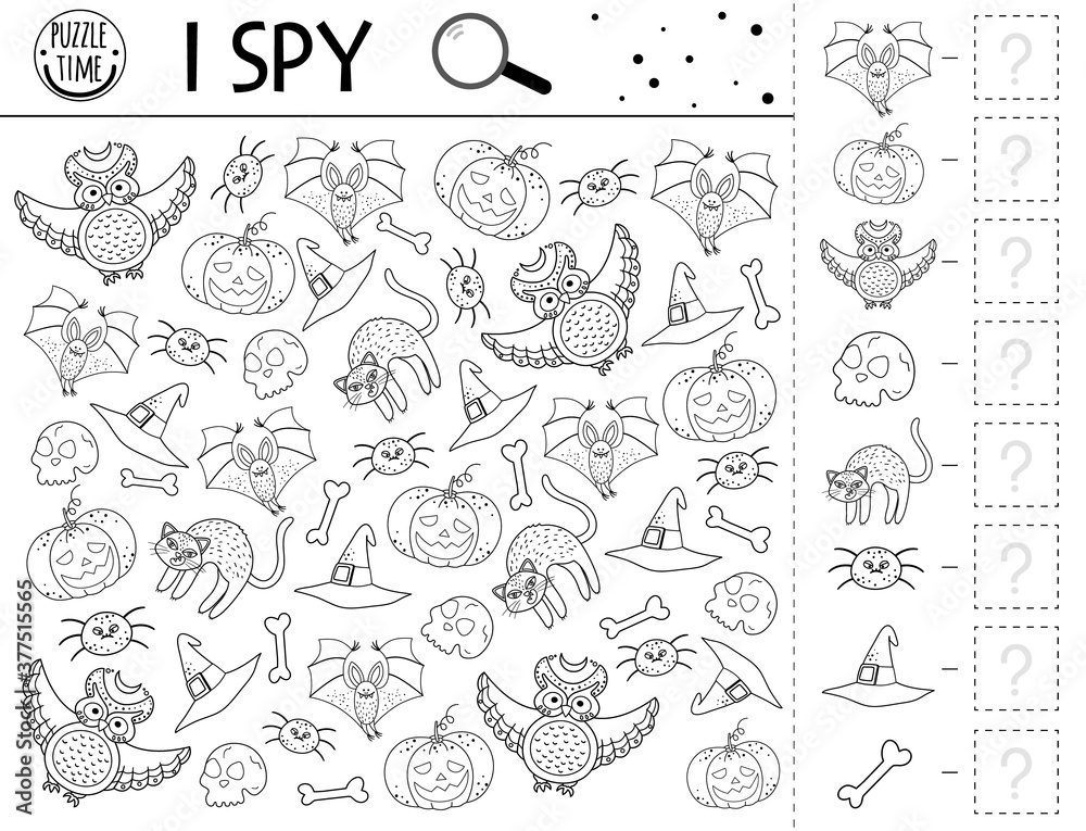 Halloween black and white i spy game for kids searching and counting activity for preschool children or coloring page funny autumn printable worksheet for kids simple spotting puzzle vector