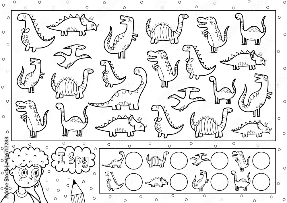 I spy game coloring page for kids find and count cute dinosaurs search the same object black and white puzzle how many elements are there vector illustration vector