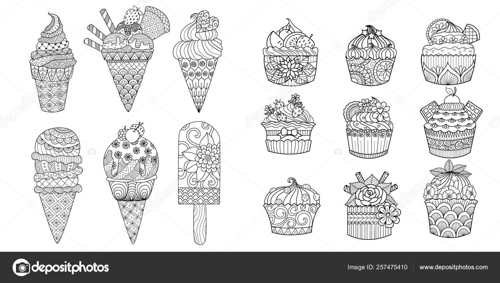 Drawing ice cream cupcakes set adult coloring book coloring page stock vector by somjaicindygmail
