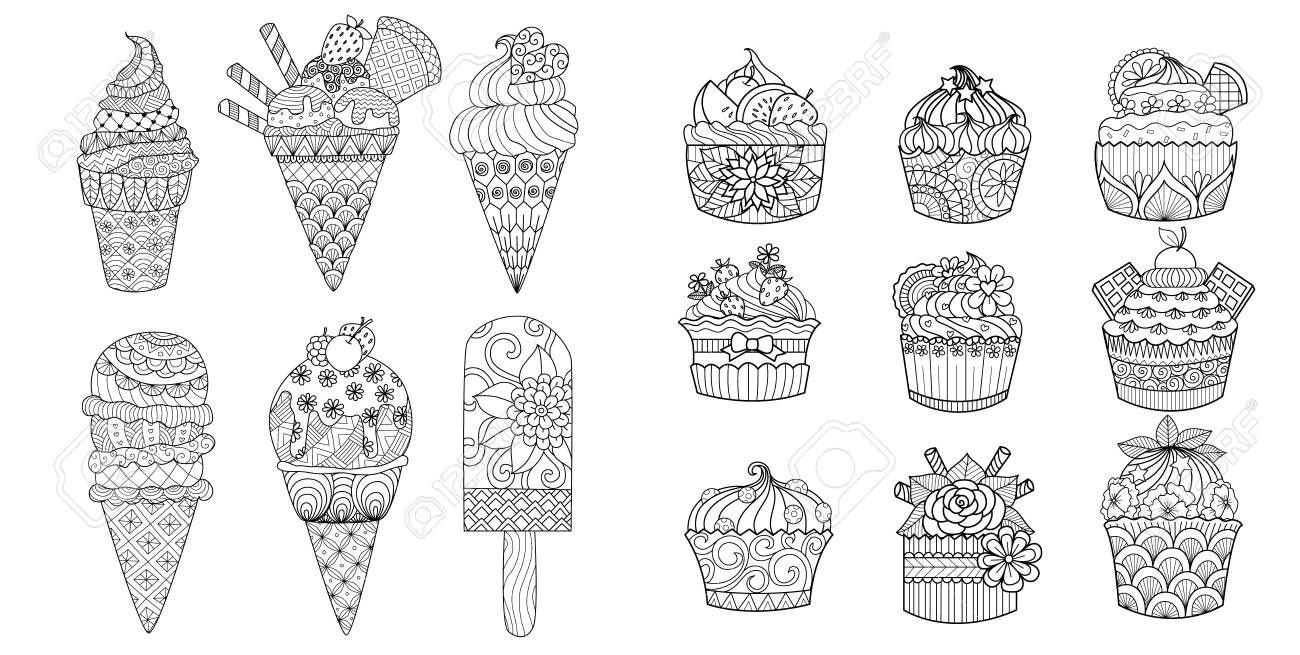 Drawing of ice cream and cupcakes set for adult coloring book coloring page engraving print on product and so on vector illustration royalty free svg cliparts vectors and stock illustration image