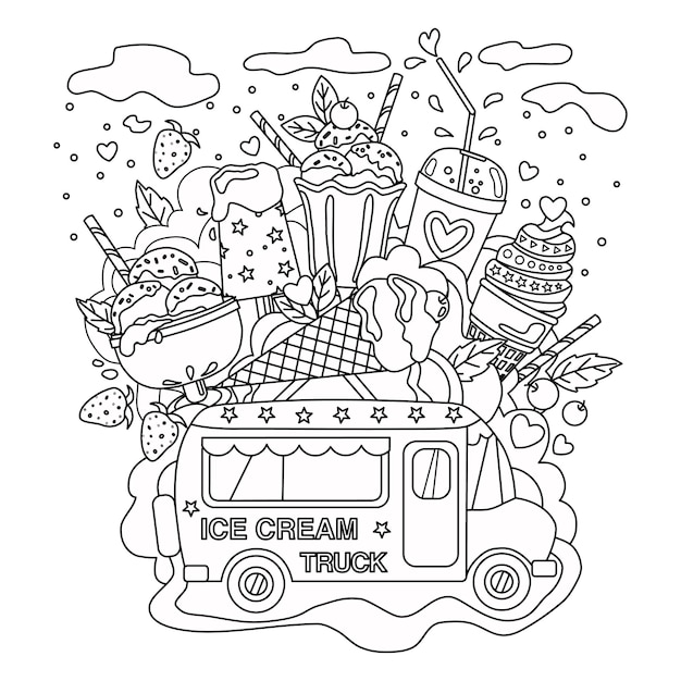 Premium vector outlined vector doodle antistress coloring book page ice cream truck for adults and children