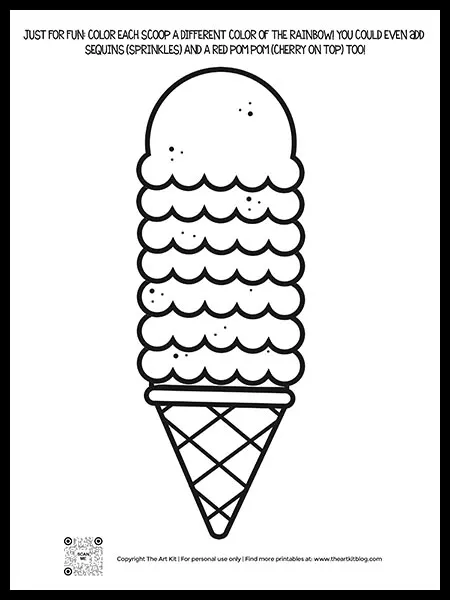 Free printable seven scoop ice cream cone coloring page â the art kit