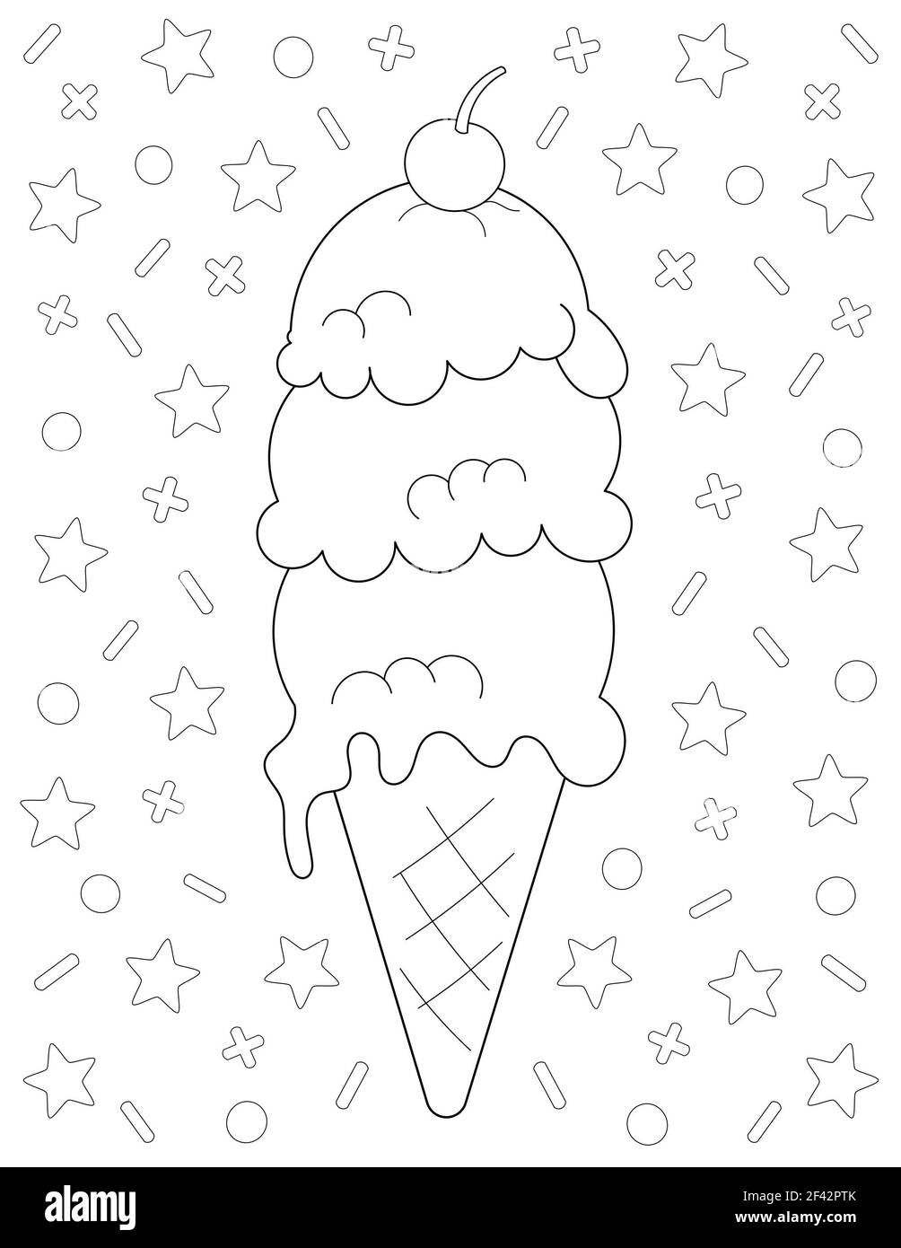 Coloring page with a big ice cream cone with scoops and a cherry on top
