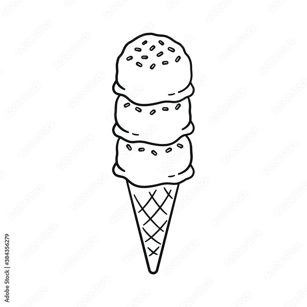 Triple scoop ice cream with sprinkles on sugar cone line art outline cartoon illustration coloring book page activity worksheet for kids vector
