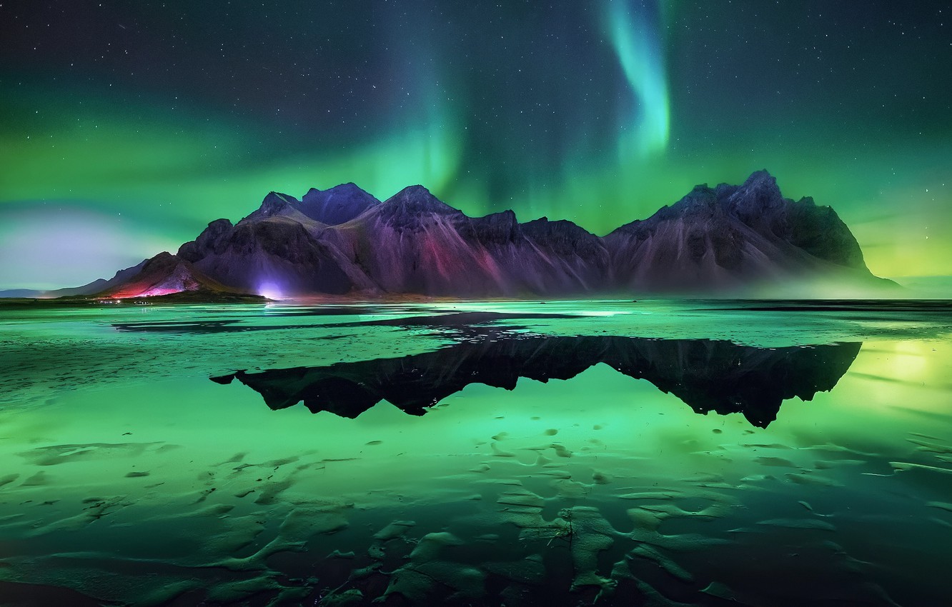 Wallpaper beach stars mountains night northern lights iceland images for desktop section ððµðð