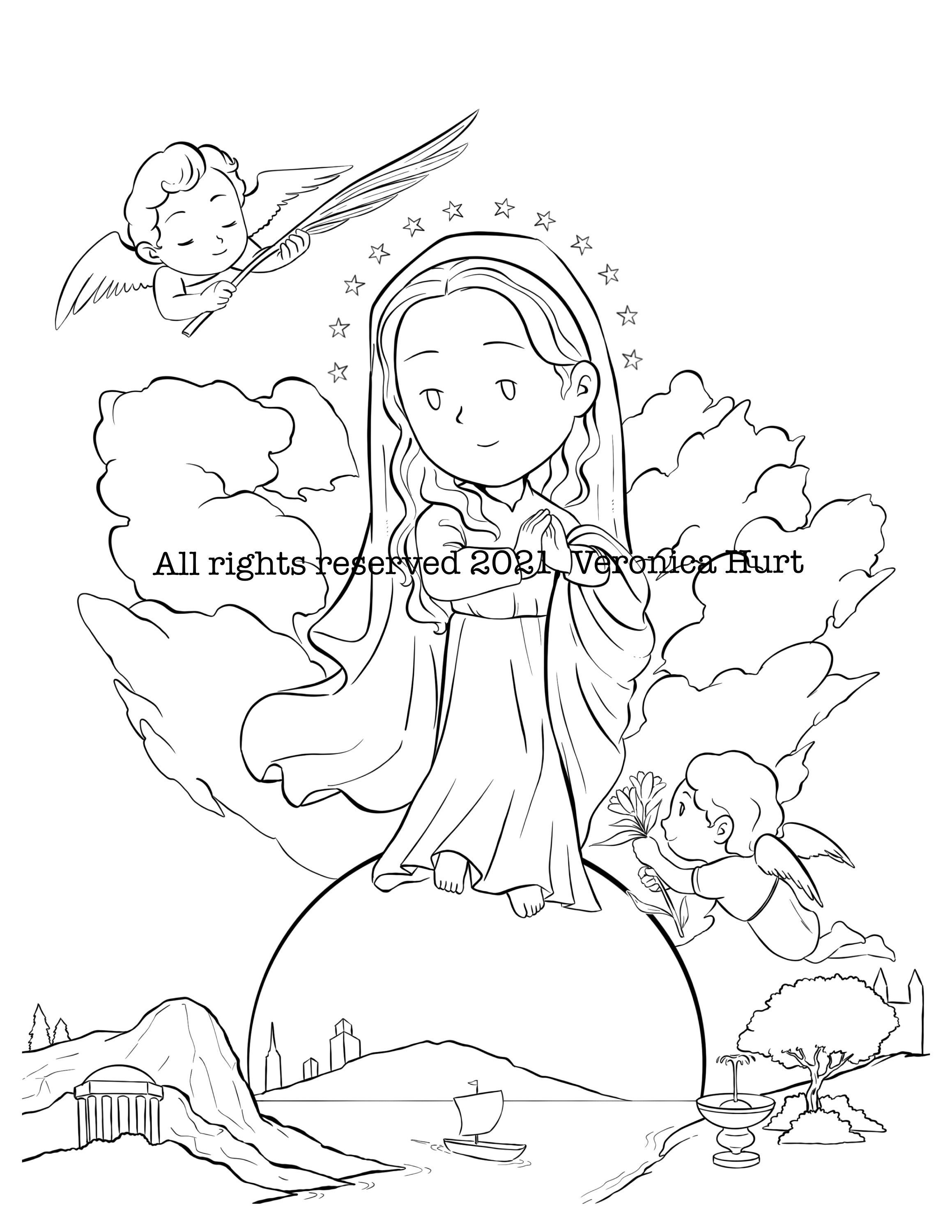 The immaculate conception inspired by diego velãzquez saint mary coloring page for kids and adults instant download