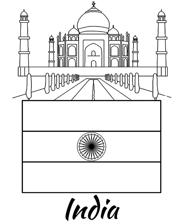 Flag of india coloring page with taj mahal