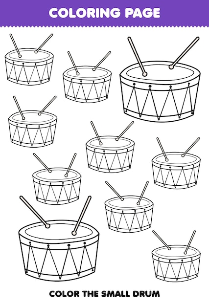 Juego educativo para niãos para colorear una imagen grande o pequeãa de un instrumento musical tambor hoja de trabajo imprimible vector premium