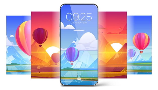 Free vector smartphone lock screen with hot air balloon on landscape background mobile phone onboard page with date and time digital cosmic wallpapers for cellphone device cartoon user interface design set